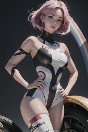 Create a photorealistic image of a woman with Torn dressed Motocross suit. Strapless should have a fit and athletic build, suggesting that she has short rainbow color hair, hand on her hip. Her expression should convey a sense of determination