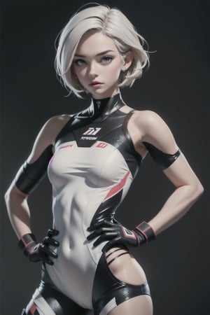 Create a photorealistic image of a woman with Torn dressed Motocross suit. Strapless should have a fit and athletic build, suggesting that she has short white hair, hand on her hip. Her expression should convey a sense of determination