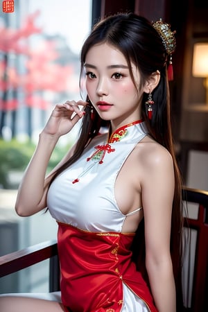 masterpiece, best quality, best photography, 1girl, big brests, red chinese traditional short dress, white long hair, jewelry, hairpins, FilmGirl, fantasy_princess, asian girl, short skirt