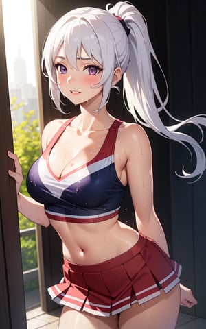 realistic, 1girl, ponytail, parted lips, blush, makeup, light smile, white hair, sportswear, skirt, wet clothes, glow, thighs, purple eye, bare shoulders, collarbone, narrow waist, sunbeam, sunlight, rose, wind, cleavage, (masterpiece), sweat, cheerleader