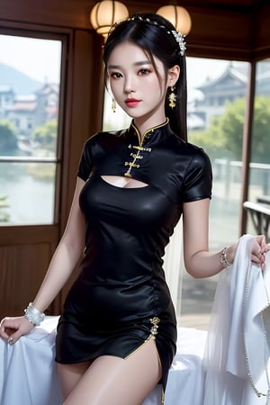 masterpiece, best quality, best photography, 1girl, big brests, black chinese traditional short dress, white long hair, jewelry, hairpins, fantasy_princess, asian girl, short skirt, look at camera