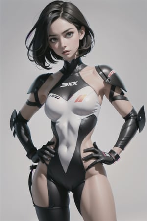 Create a photorealistic image of a woman with Torn dressed Motocross suit. Strapless should have a fit and athletic build, suggesting that she has short black hair, Rainbow hilight hair, hand on her hip. Her expression should convey a sense of determination