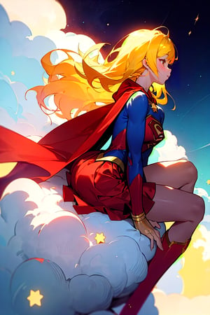 a woman sitting on top of a cloud next to a star, an anime drawing, inspired by Ross Tran, digital art, cute girl with large yellow hair, wearing a dress made of stars, profile picture, supergirl, (red skirt), red long cape