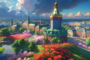 Masterpiece, style your name, anime, Stockholm city, Stockholm city hall 3 crown tower, dawn, giant clouds. monet colors (((Makoto Shinkai style picture))), (studio lighting, ultra detailed), (best quality, 4k, 8K, high resolution, masterpiece: 1.2), vivid colors, soft tone, Beautiful landscape,clear blue sky,lush green grass,gentle breeze,blooming flowers,colorful petals,tranquil scene,natural beauty,dreamy atmosphere,serene surroundings,tranquil environment,sunlit field,stunning view,nature's masterpiece, Scenic beauty, Botanical paradise, Idyllic countryside, aesthetic charm, timeless elegance, Relaxing colors, harmonious composition, dynamic contrast, Magic Kingdom, romantic charm, divine beauty, ethereal quality, heavenly scene, serenity and tranquility, invigorating beauty, infinite expanse, view stunning,fascinating display of colors,exquisite details,meticulous craftsmanship