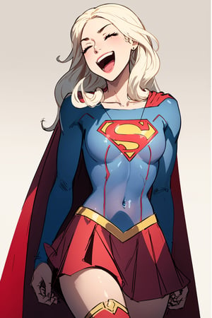 Dynamic pose (Laughter) Crossing arms, Closed eyes, cute (((Just focus from the head to the torso.))) (masterpiece, top quality, best quality, official art, beautiful and aesthetic), ((masterpiece)), supergirl, blonde hair, (((long hair))), red cape, tight blue suit, the iconic 'Superman' emblem in red and yellow prominently displayed on his chest, knee-high red boots, a short red skirt., style genshin impact, Instagrammable, adorable girl, kawaii, solo, (white background).
