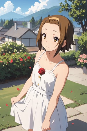 1girl, (dress:1.3), small breasts, short hair, collarbone, flowers and petals, (illustration:1.1), (perfect details:1.1), landscape, background, rose, abstract,ritsu tainaka