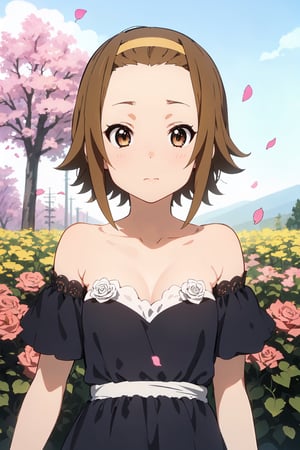 1girl, (dress:1.3), small breasts, short hair, collarbone, flowers and petals, (illustration:1.1), (perfect details:1.1), landscape, background, rose, abstract,ritsu tainaka
