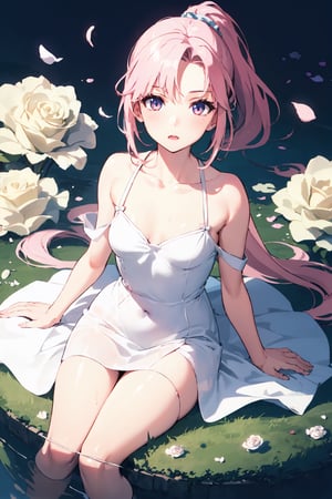 1girl, ponytail , (dress:1.3), small breasts, collarbone, flowers and petals, (illustration:1.1), (perfect details:1.1), landscape, background, rose, abstract,