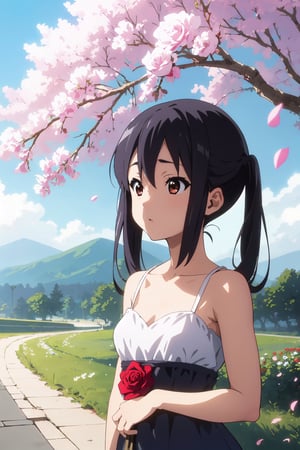 1girl, (dress:1.3), small breasts, double tailI, collarbone, flowers and petals, (illustration:1.1), (perfect details:1.1), landscape, background, rose, abstract,yui hirasawa,azusa nakano