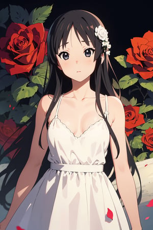 1girl, long straight hair for , (dress:1.3), small breasts, collarbone, flowers and petals, (illustration:1.1), (perfect details:1.1), landscape, background, rose, abstract,mio akiyama