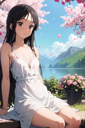 1girl, long straight hair for , (dress:1.3), small breasts, collarbone, flowers and petals, (illustration:1.1), (perfect details:1.1), landscape, background, rose, abstract,mio akiyama