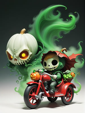 2D, creepy, cute Chibi Headless Horseman (dullahan with no head), his head is a cloud of green steam, driving a red tricycle with basket, headless monster, pumpkin field, more detail XL