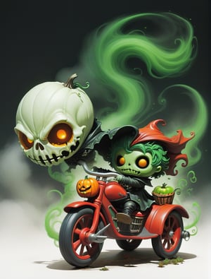 2D, creepy, cute Chibi Headless Horseman (dullahan with no head), his head is a cloud of green steam, driving a red tricycle with basket, sleepy hollow, cartoon, ((headless)) Disembodied Head, holding his head in one hand, halloween ambience (style of Skottie Young:1.3) (masterpiece, best quality:1.5), headless monster, pumpkin field, more detail XL