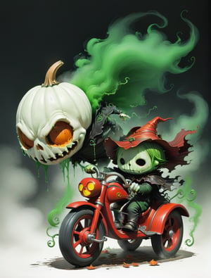 2D, creepy, cute Chibi Headless Horseman, no head, no face, (dullahan with no head), his head is a cloud of green steam, driving a red tricycle with basket, sleepy hollow, cartoon, ((headless)) Disembodied Head, holding his head in one hand, halloween ambience (style of Skottie Young:1.3) (masterpiece, best quality:1.5), headless monster, pumpkin field, more detail XL