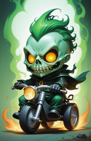 2D, creepy, cute Chibi Headless Horseman (dullahan), green flame coming out from his neck, driving a tricycle, cartoon, (style of Skottie Young:1.3) (masterpiece, best quality:1.5)