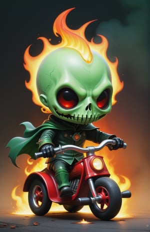 2D, creepy, cute Chibi Headless Horseman (dullahan with no head), green flame coming out from his neck, driving a red tricycle for kids, cartoon, ((headless)) Disembodied Head, holding head in hand (style of Skottie Young:1.3) (masterpiece, best quality:1.5)