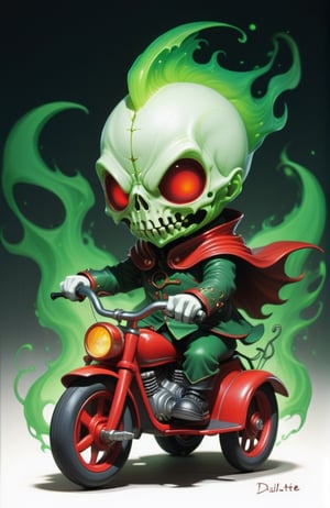 2D, creepy, cute Chibi Headless Horseman (dullahan with no head), green flame coming out from his neck, driving a red tricycle with basket, cartoon, ((headless)) Disembodied Head, holding head in hand (style of Skottie Young:1.3) (masterpiece, best quality:1.5)