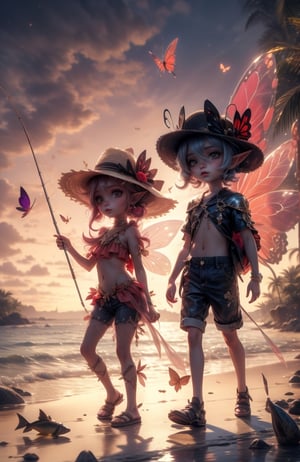 cute couple, adorned with vibrant emerald blue magical wings, detailed fairy wings, BREAK wearing straw hats and twin pony tails, pointy ears, blue skin, yellow eyes, colorful short pants, walking in a beach with palm trees, holding fishing rods and fish net and fishes, eeri dramatic red sunset, red sea, (masterpiece, best quality:1.5), monster, 3d cartoon, extremely detailed, dynamic angle, dark fantasy, fishes, butterfly_wings,h4l0w3n5l0w5tyl3DonMD4rk,fairy,butterfly_wings