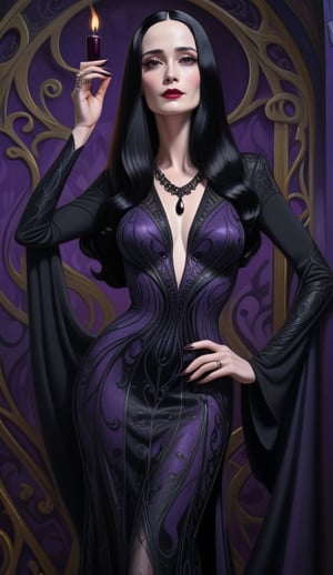 (masterpiece, top quality, best quality, highres) professional artwork, oil painting, Actress Eva Green characterized as Morticia Addams, full body, art nouveau, black dress, purple backgound, more detail XL,Leonardo,EvaGreen,eva_green,disney pixar style,3D,amazing quality,Leonardo Style,oil paint 