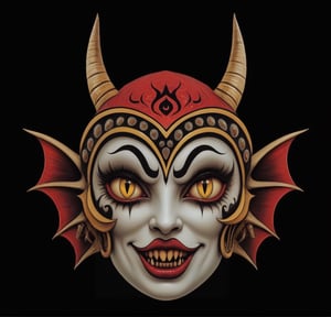 (masterpiece, top quality, best quality, highres) professional artwork, monster girl mask, looking at viewer, smile, open mouth, simple background, horns, teeth, mole, makeup, sharp teeth, lipstick, black background, portrait, colored sclera, freckles, red lips, head fins, yellow sclera, red iris, blonde hair, roborobocap, darkart,monster,darkart,roborobocap
