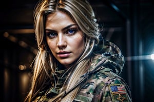 [sniper wolf] blond,beautiful detailed eyes,beautiful detailed lips,extremely detailed eyes and face,longeyelashes,full_body shot, wide angle lens,female character, video game,realistic,photorealistic:1.37,ultra-detailed,highres,[oil painting],camouflage costume,cold expression,intense gaze,military background,Siberian Sniper,sharp focus,professional,vivid colors,dark and moody lighting