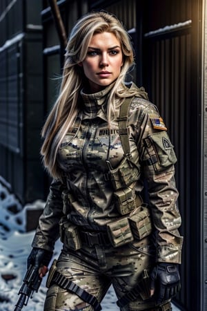 [sniper wolf] blond,beautiful detailed eyes,beautiful detailed lips,extremely detailed eyes and face,longeyelashes,full_body shot, wide angle lens,female character, video game,realistic,photorealistic:1.37,ultra-detailed,highres,[oil painting],camouflage costume,cold expression,intense gaze,military background,Siberian Sniper,sharp focus,professional,vivid colors,dark and moody lighting