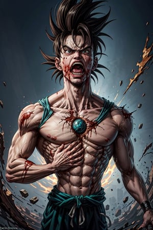 Krilin, DBZ, Dragon ball Z, renaissance style, painting_(artwork), vibrant colors, vivid rage, mad expression, screaming and posing in an epic desperate pose, bleeding from his chest, exposed wound on his chest.,renaissance,blood