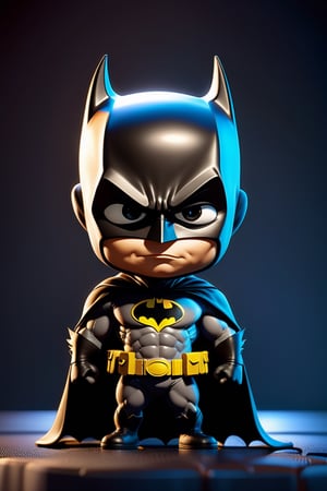 caricature of batman, big head, small body, chibi version, octane render, ray tracting, clay material, popmart blind box, Pixar trend, animation lighting, depth of field, ultra detailed 