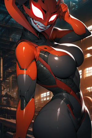 masterpiece, best quality,1girl, (solo:1.3), in black and red style ,demon mask, [mechanical|burig] suit, factory background,glowing eyes, i-no