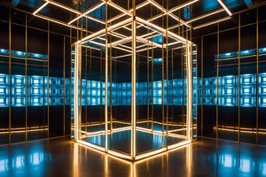 Imagine a minimalist room where the focal point is strategically positioned mirrors that reflect each other. At the center of the chamber stands a glowing cosmic cube.
reflective surfaces, creates a kaleidoscopic effect, engaged in a play of perspectives and realities. dramatic light.
