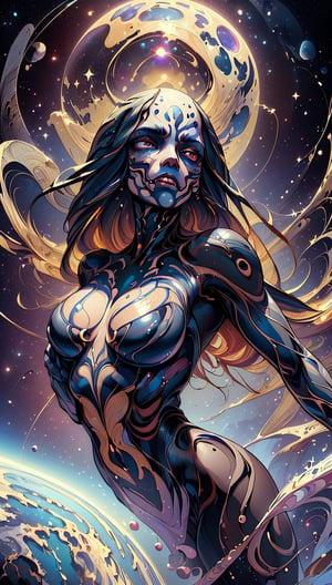 (best quality, masterpiece, perfect ratio, perfect face and body) A godlike women venom symbiote in space, holding in her hands and consuming planet earth in a endless cosmic void(official art, extreme detailed, highest detailed),DonMF41ryW1ng5