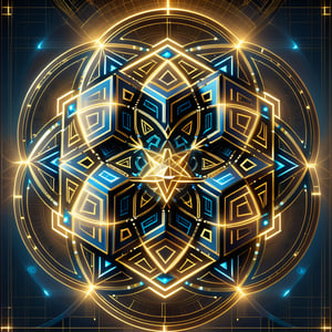 The illustration features a combination of symbolic elements that represent sacred geometry. stylized complex object, Stylized showcases iconic representation of a hypergeometry,d1p5comp_style,ROBOT