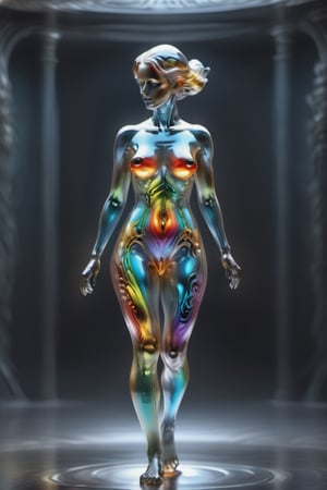 Hyper Detailed, Full Body Photo of a beautiful woman:alien, Sacret geometry alien spaceship background, rainbow Bioluminescent light, in the style of HR Giger and Alex Gray,Clear Glass Skin