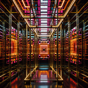 Imagine a minimalist room where the focal point is strategically positioned mirrors that reflect each other. At the center of this chamber stands a glowing neon cube, encircled by the mirrors arranged in intricate patterns.
reflective surfaces, creates a kaleidoscopic effect, engaged in a play of perspectives and realities. dramatic light