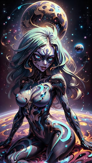 (best quality, masterpiece, perfect ratio, perfect face and body) A godlike women venom symbiote in space, holding in her hands and consuming planet earth in a endless cosmic void(official art, extreme detailed, highest detailed),DonMF41ryW1ng5