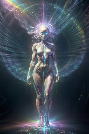 Hyper Detailed, Full Body Photo of a beautiful woman:alien, Sacret geometry alien spaceship background, rainbow Bioluminescent light, in the style of HR Giger and Alex Gray