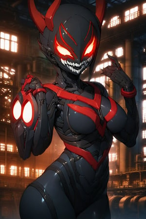 masterpiece, best quality,1girl, (solo:1.3), in black and red style ,demon mask, [mechanical|symbiote] suit, factory background,glowing eyes, i-no