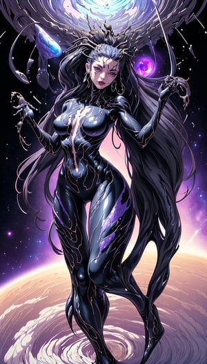 (best quality, masterpiece, perfect ratio, perfect face and body) A godlike women venom symbiote in space, holding in her hands and consuming planet earth in a endless cosmic void(official art, extreme detailed, highest detailed),DonMF41ryW1ng5,fantasy00d,cloudstick