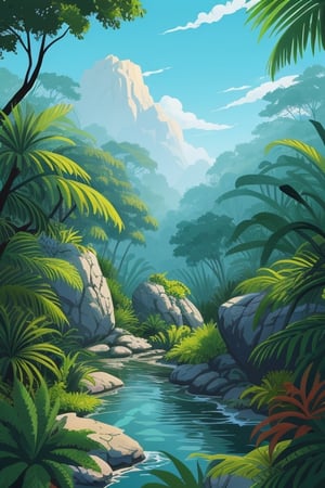 daytime jungle habitat with lions,  plants, rocks,  sky,  trees,  colorful,  vector art,