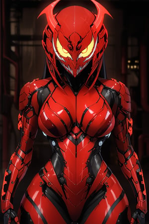 masterpiece, best quality,1girl, (solo:1.3), in black and red style ,demon mask, [mechanical|symbiote] suit, factory background,glowing eyes, i-no