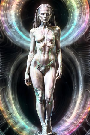 Hyper Detailed, Full Body Photo of a beautiful woman:alien, Sacret geometry alien spaceship background, rainbow Bioluminescent light, in the style of HR Giger and Alex Gray