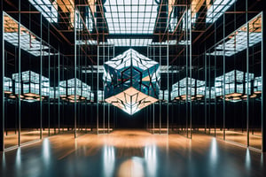 Imagine a minimalist room where the focal point is strategically positioned mirrors that reflect each other. At the center of the chamber stands a glowing cosmic cube.
reflective surfaces, creates a kaleidoscopic effect, engaged in a play of perspectives and realities. dramatic light.