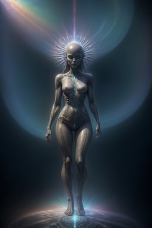 Detailed face of a beautiful woman:alien, Sacret geometry Bioluminescent light, in the style of HR Giger and Alex Gray