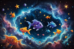 masterpiece, best quality, extremely detailed 8K, constalation nebula sky, negative space in the middle ((symbolism pisces sign zodiac)) (2 cute fish) stars, space, cynematic, black background, kids illustration