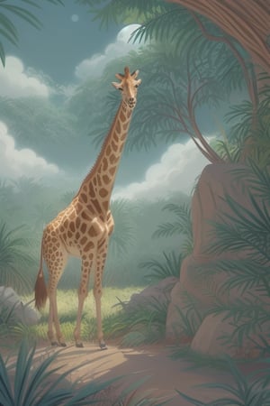 daytime jungle habitat with giraffe,  plants,  rocks,  sky,  trees,  colorful,  vector art, lion comming from the bottom right side and only his front body is in the canvas