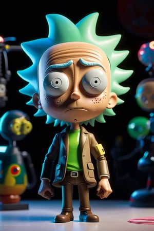 caricature Rick from Rick and Morty, big head, small body, chibi version, octane render, ray tracting, clay material, popmart blind box, Pixar trend, animation lighting, depth of field, ultra detailed 