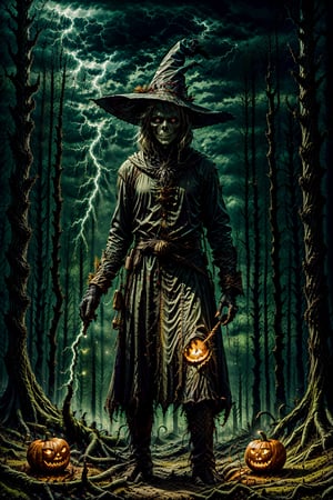 (masterpiece, top quality, best quality, beautiful and aesthetic), extremely detailed, hyper realistic, (Cinmatic:0.4), a powerful witch stands tall in front of a (gnarled tree), pumkin on ground, his hand was stretched out and (lightning magic came out of his hand), 4_fingers, no_fingers, lightningmagicAI,creepy