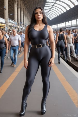 Generate hyper realistic 8K image of a beautyful Italian woman, 30 y.o., athletic, (in shiny solid black plain smooth (shiny) lycra spandex biflex tank unitard, (ultra low rise:1.2), ankle length, seamless, ultra_thin shiny fabric), ((ultra tight:1.2) leather belt, ultra tight narrow BDSM harness). (Toned sculpting body:1.2), (long straight black hair), small breasts, (muscular fat legs), (she's standing in sexy pose on the crowded railway station in Roma, daylight:1.1), (bondage boots, high heels:1.2), aroused, excited, emotional face, expressive brown eyes, full lips, (protruding nipples), (thin waist), (plus size:0.5), (full body shot:1.1),a3robic,80s aerobic outfit