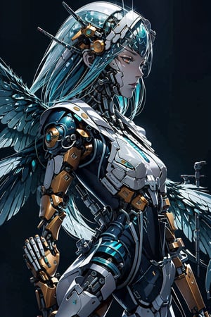picture featuring an anime female character who is herself a cyborg with one side of her body showing advanced cybernetic enhancements, such as a mechanical arm, eye implant, or robotic wings. On the other side, she embodies a fantasy persona, with elements like ethereal armor, flowing magical attire, and mythical creature-inspired features.