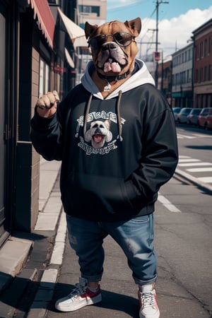  bulldog wearing sunglasses and hoodie standing like  human
 dog paw

